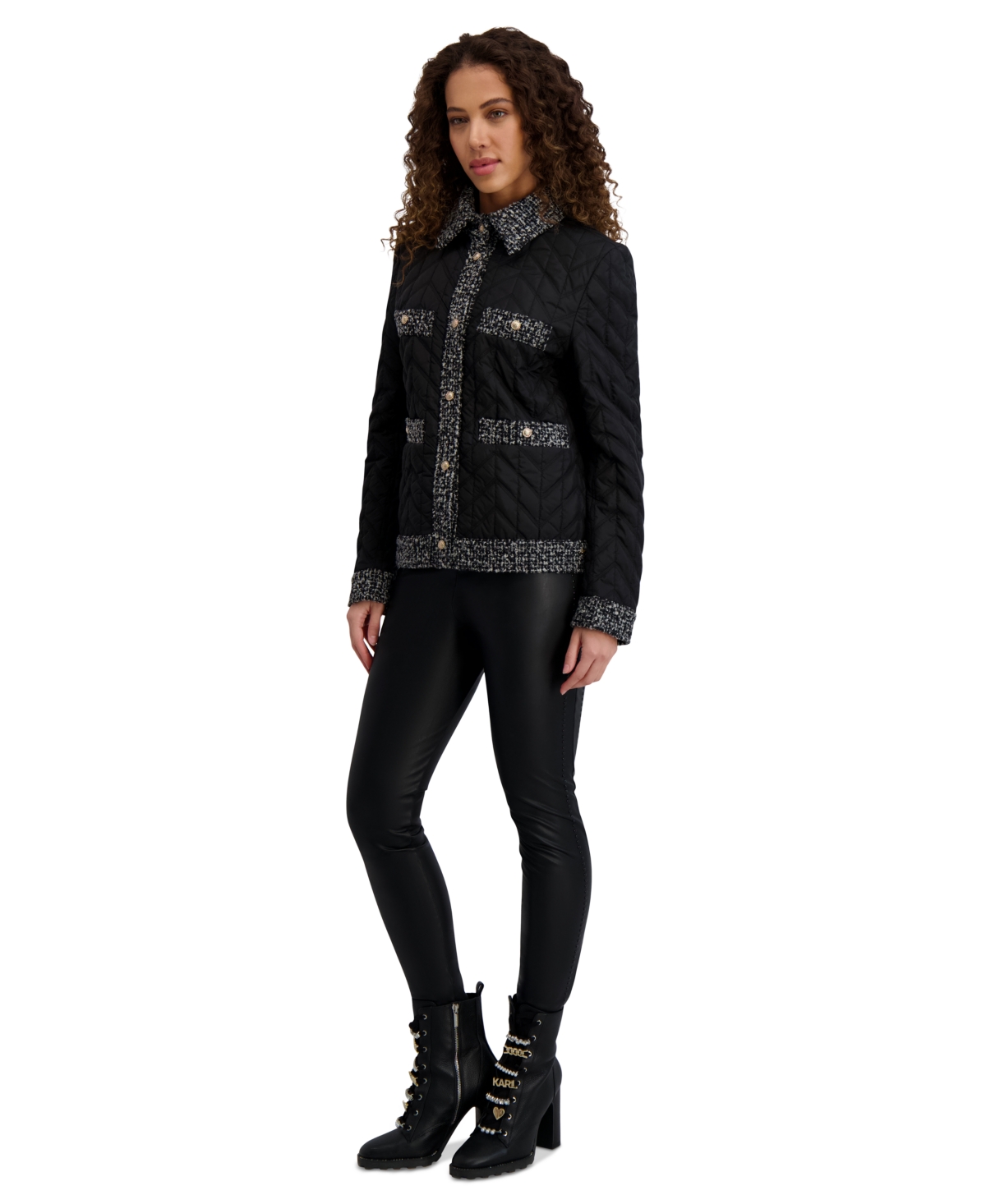 Karl Lagerfeld Women's Quilted Tweed-trim Coat In Black