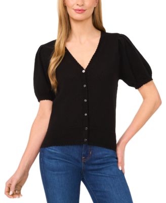 Women's Pointelle-Stitch Short-Sleeve V-Neck Cardigan