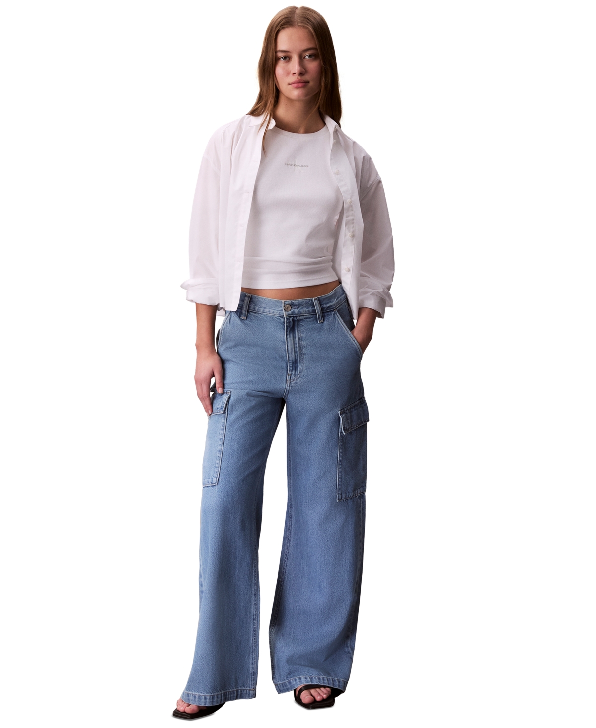 Women's High-Rise Wide-Leg Cargo Jeans - Blue Dove