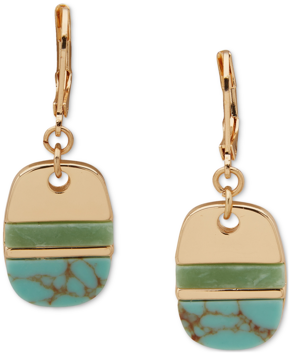 Gold-Tone Green Stone Inlay Dog Tag Drop Earrings - Multi