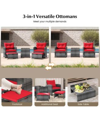 5 Piece Patio Rattan Furniture with 2 Ottomans & Coffee Table
