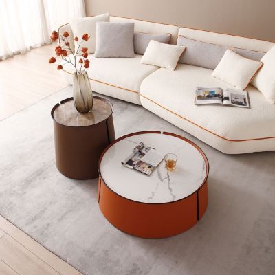 Streamdale 31.5" Coffee Table, Marble Top+Orange Saddle Leather Body+Iron Frame