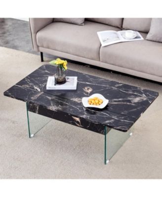 Multifunctional Lift Top Coffee Table with Tempered Glass Legs in Black Marble Pattern