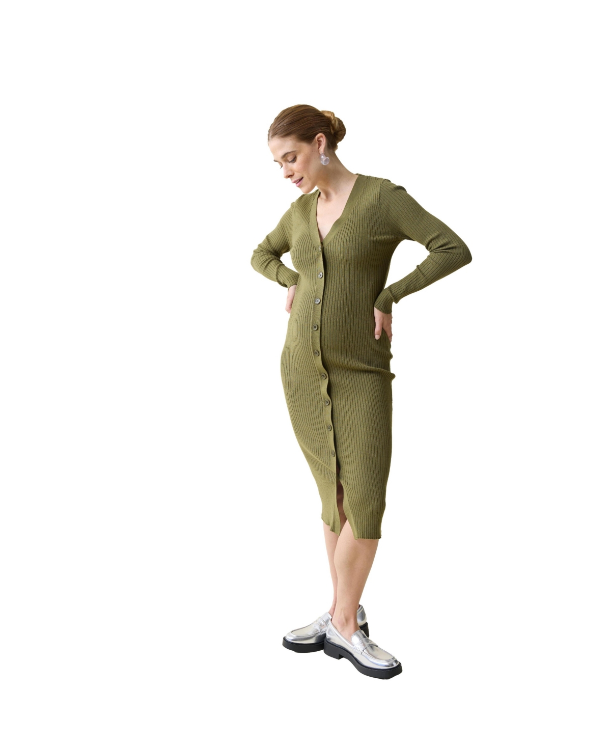 Ingrid + Isabel Maternity Ingrid + Isabel Ribbed Button Front Sweater Dress - Deep olive