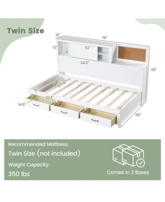 Twin Size Daybed w/ 3 Drawers Wooden Sofa Bed Frame w/ Storage Shelves