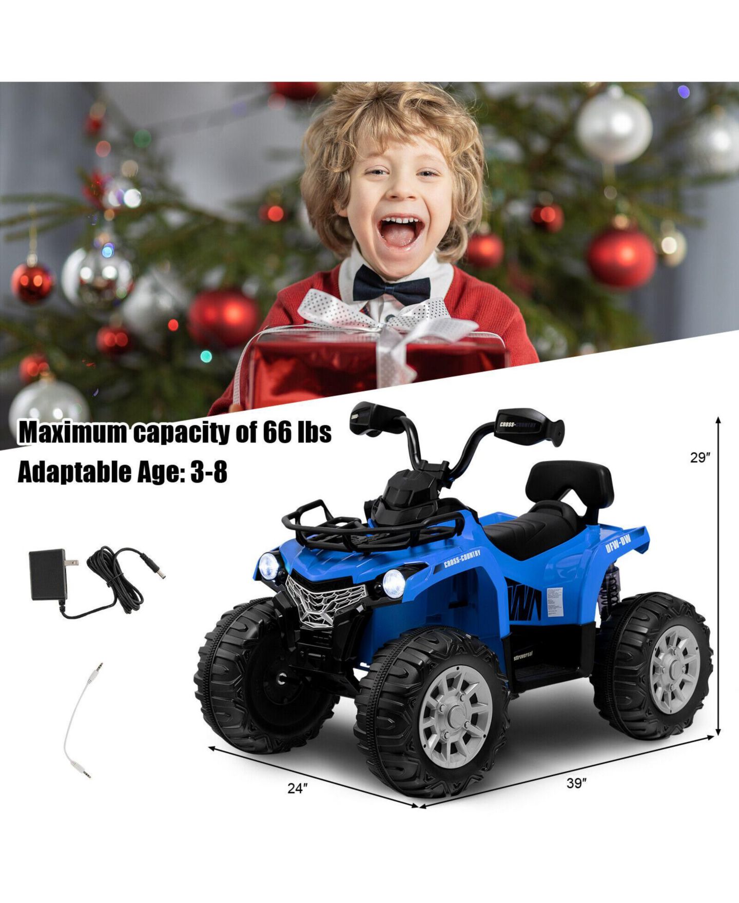 Детская игрушка GOUUN Ride-On 4 Wheeler ATV with LED Headlights and MP3, 66 lbs Capacity, Ages 3-8, цвет: Синий — фото 3