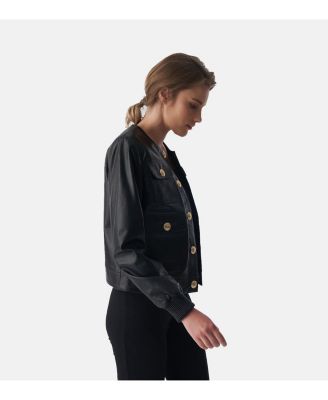 Women's Collarless Stunning Studs Closure Leather Jacket, Black