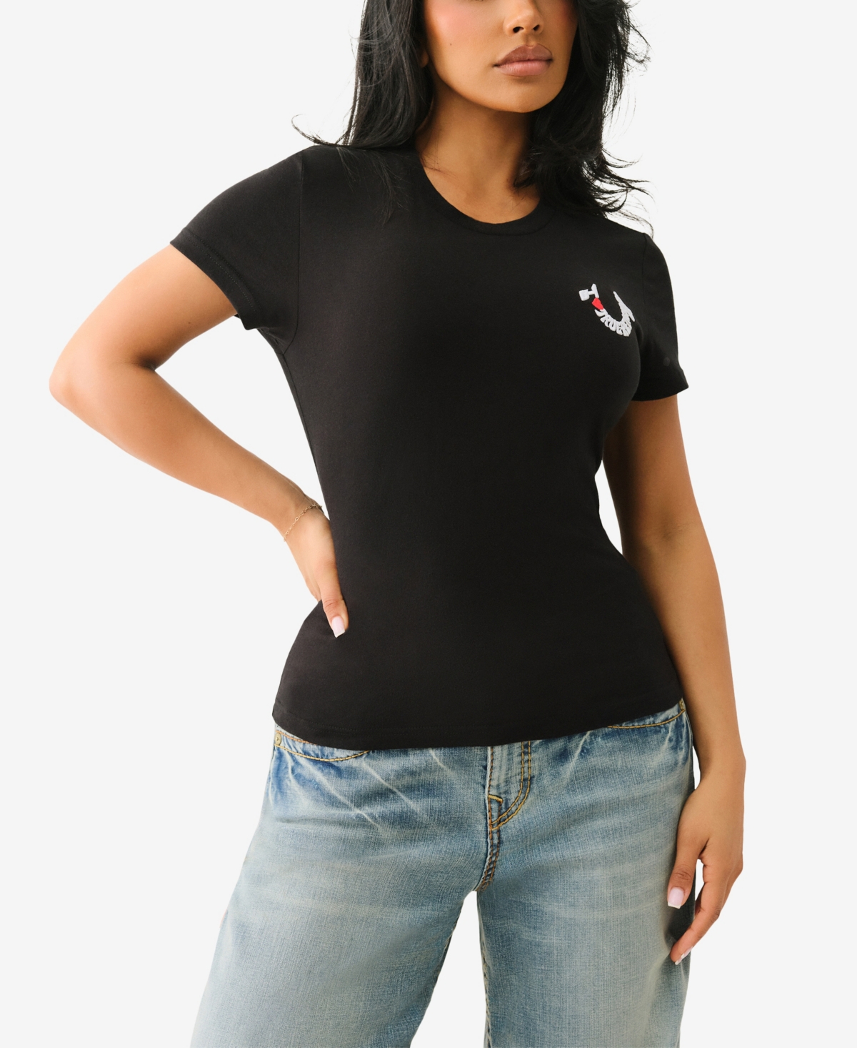 TRUE RELIGION WOMEN'S SS EMBROIDERED HORSESHOE CREW NECK T-SHIRT 