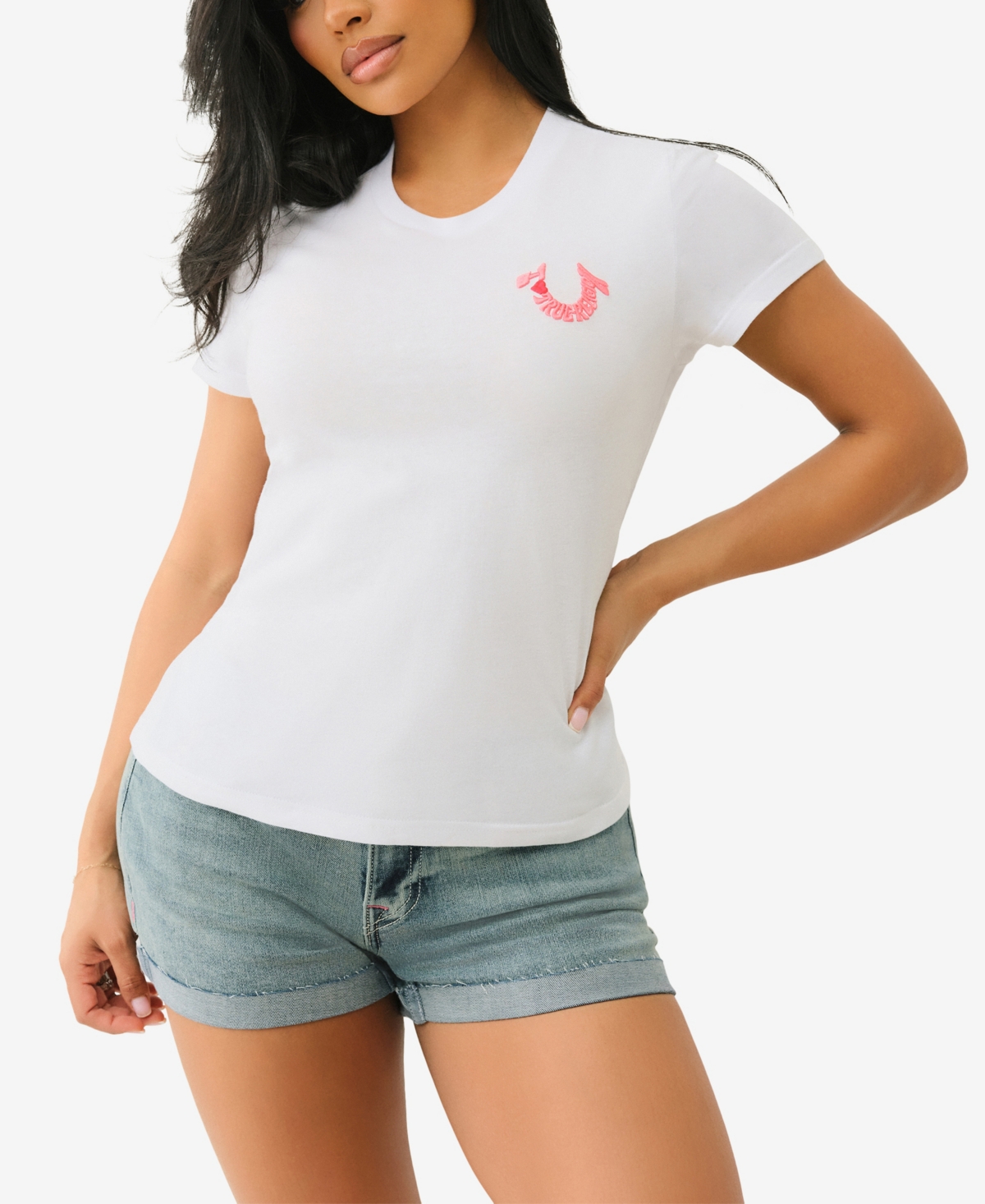 TRUE RELIGION WOMEN'S SS EMBROIDERED HORSESHOE CREW NECK T-SHIRT 