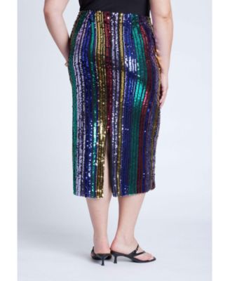 Women's Plus Size Rainbow Striped Sequin Midi Skirt
