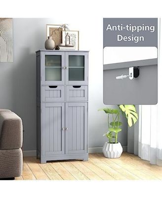 4 Door Freestanding Bathroom Floor Storage Cabinet with 2 Drawers and Glass Doors