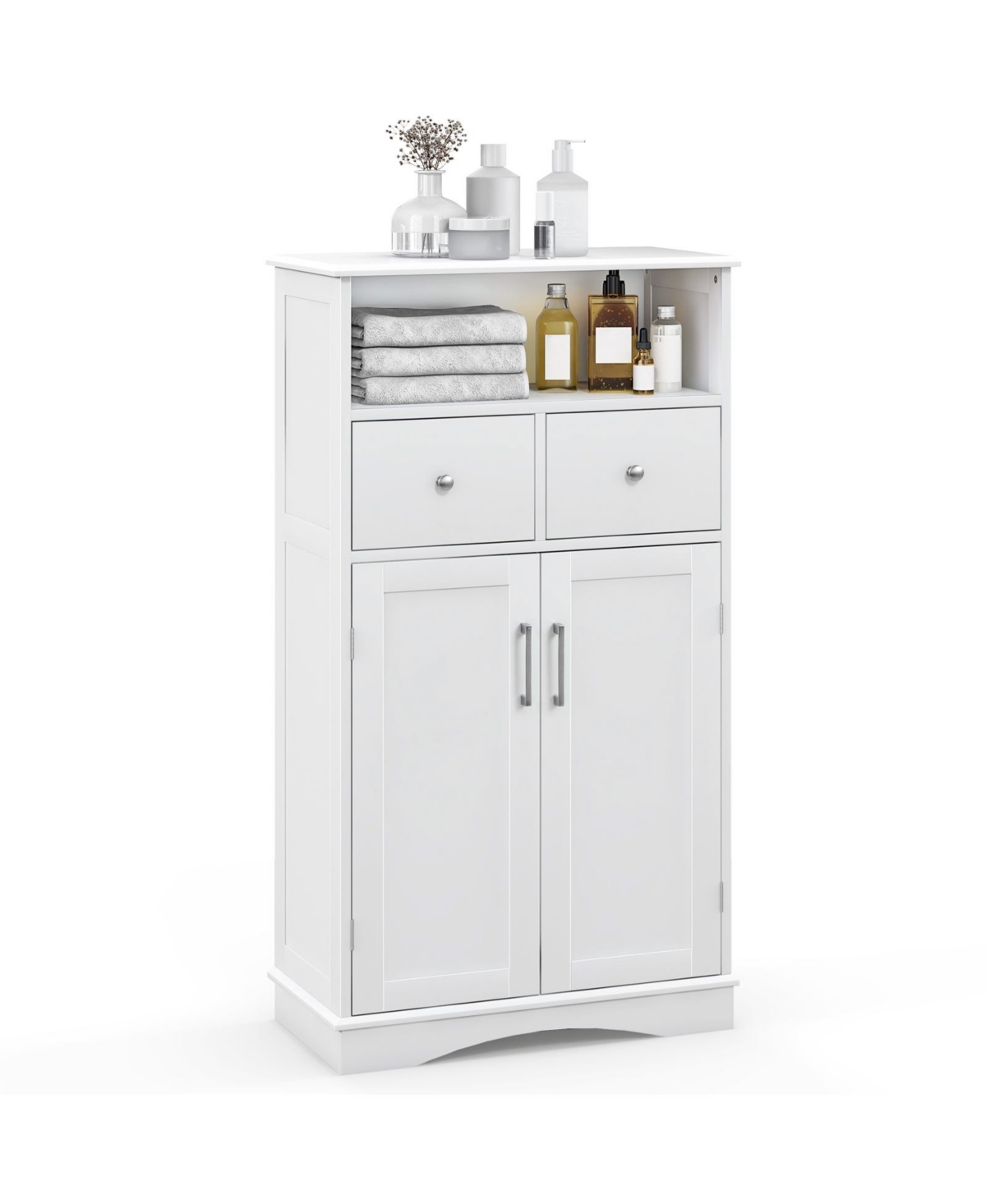 2 Doors Freeestanding Bathroom Floor Cabinet with 2 Drawers and Adjustable Shelves - White