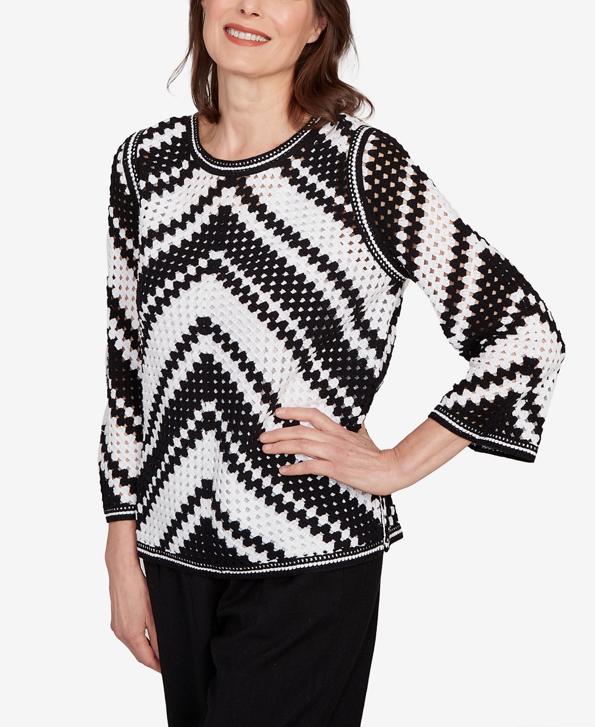 Alfred Dunner Petite Santa Barbara Chevron Crochet Bell Sleeve Crew Neck Top