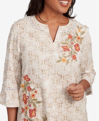 Petite Copper Canyon Printed Floral Bell Sleeve Embroidered Top
