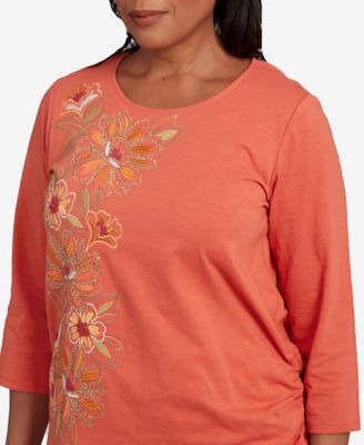 Асимметричный топ с цветочной вышивкой и рюшами на завязках Alfred Dunner Petite Copper Canyon