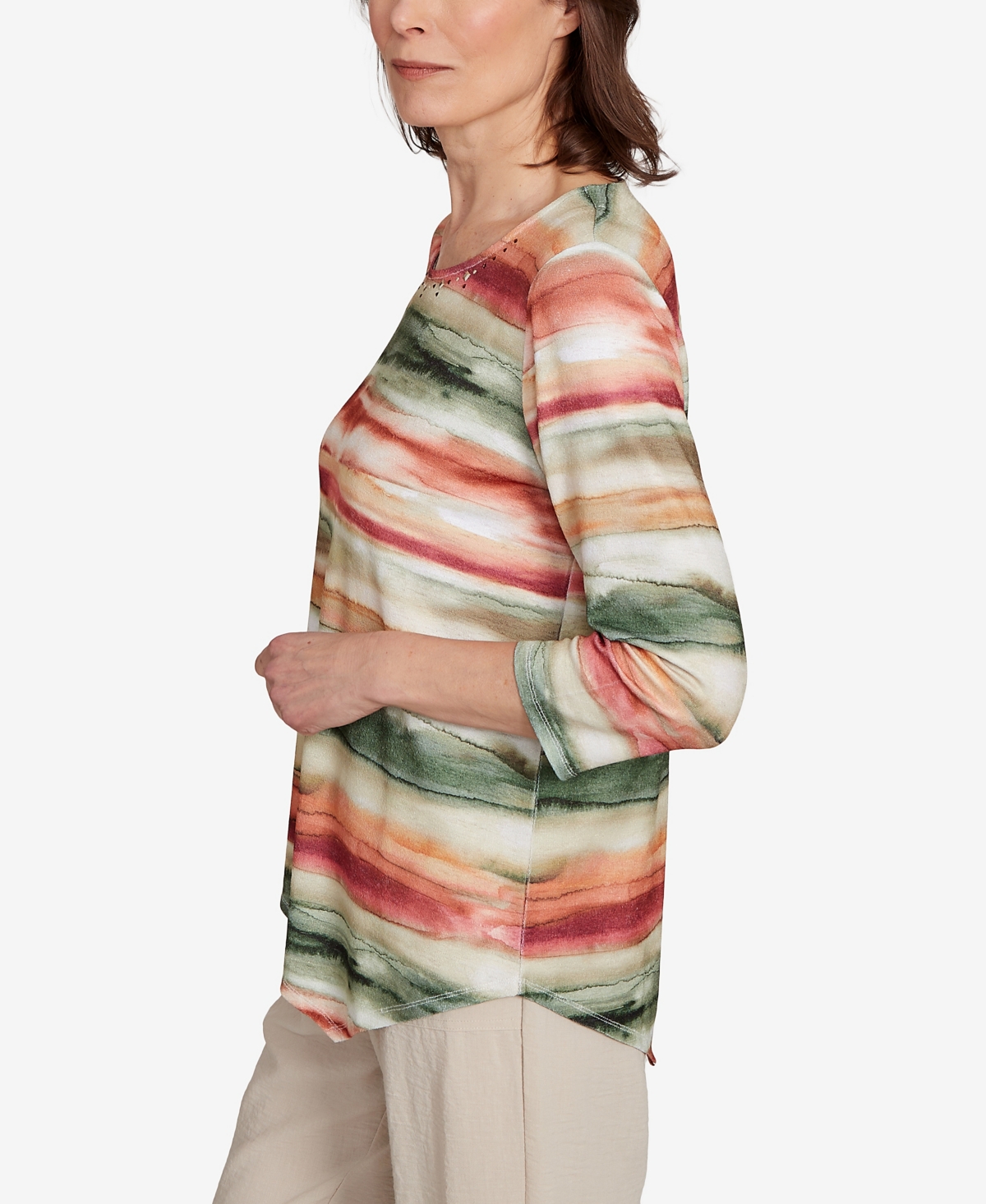 Alfred Dunner Petite Copper Canyon Watercolor Stripe Crew Neck Top In Multi