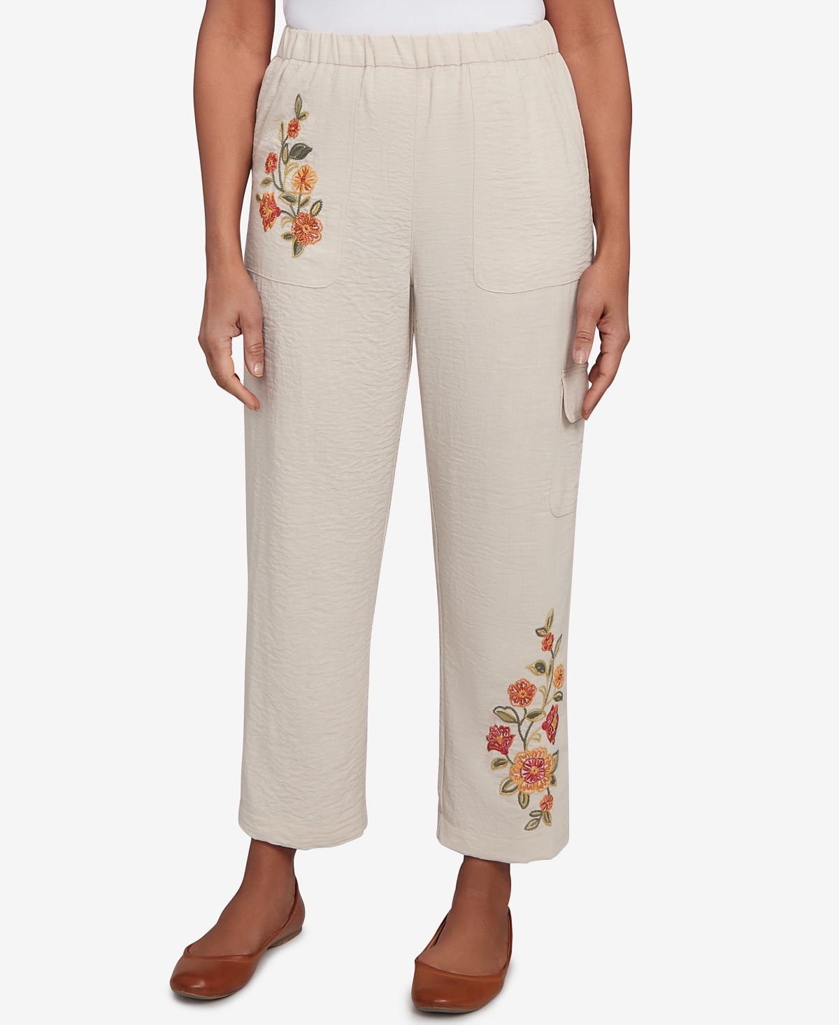 Alfred Dunner Petite Copper Canyon Floral Embroidered Ankle Pants In Neutral