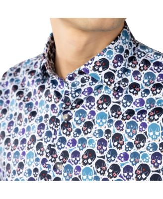LUCHIANO VISCONTI Men's White with Teal Multicolor Skull shirt