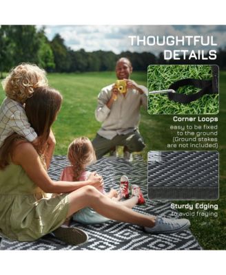 Reversible Outdoor Rug, 9' x 18' Waterproof Plastic Straw Floor Mat, Portable RV Camping Carpet with Carry Bag, Large Floor Mat for Backyard, Deck, Picnic, Beach, Black & Gray Geometric