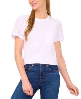 CeCe - Women's Cotton Eyelet-Sleeve Patch-Pocket T-Shirt