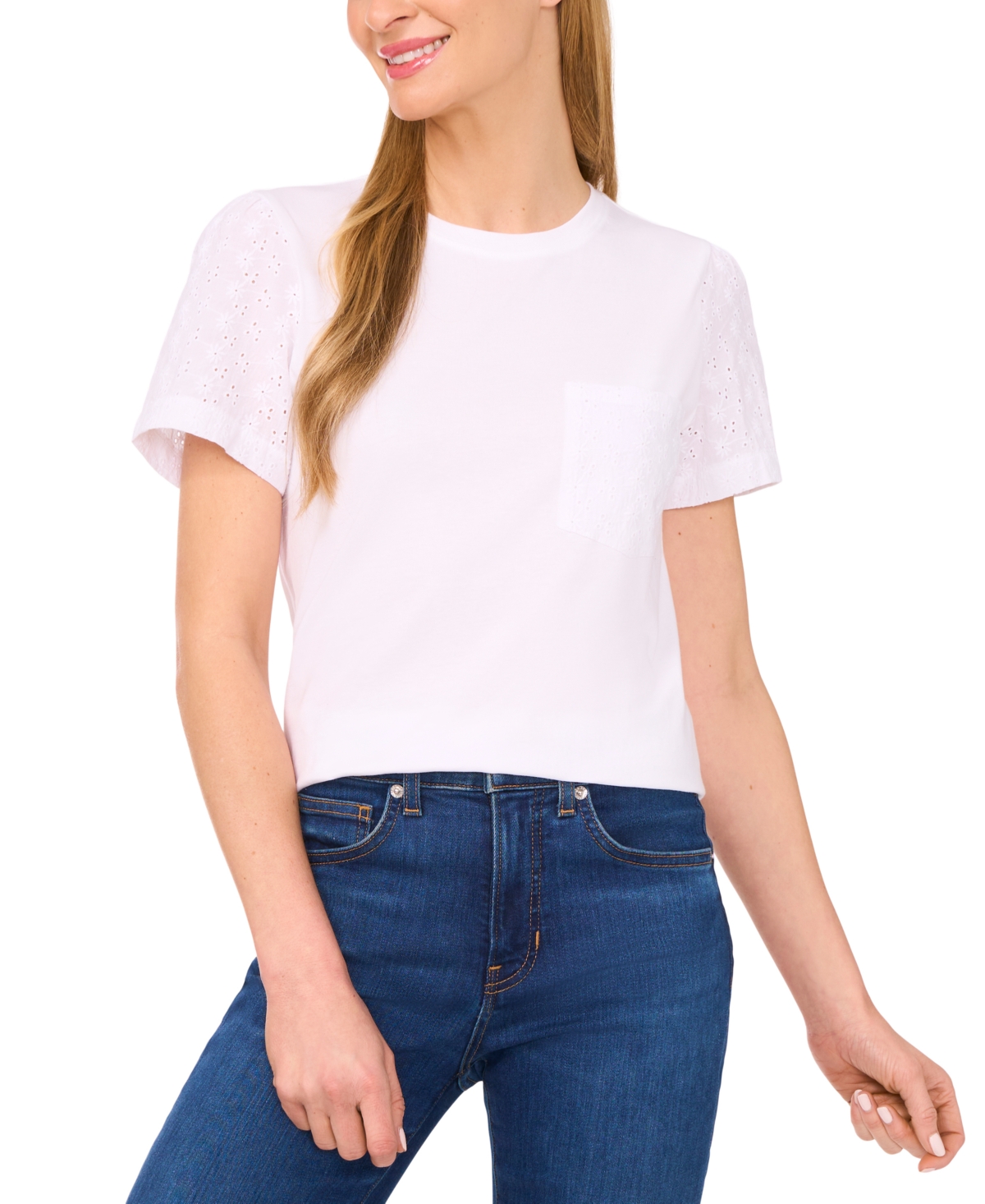 Women's Cotton Eyelet-Sleeve Patch-Pocket T-Shirt - Classic Navy