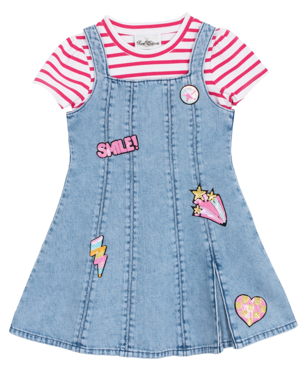 Sparkle & Shine Toddler And Little Girls 2-piece Stripe T-shirt And Denim Jumper Dress Set