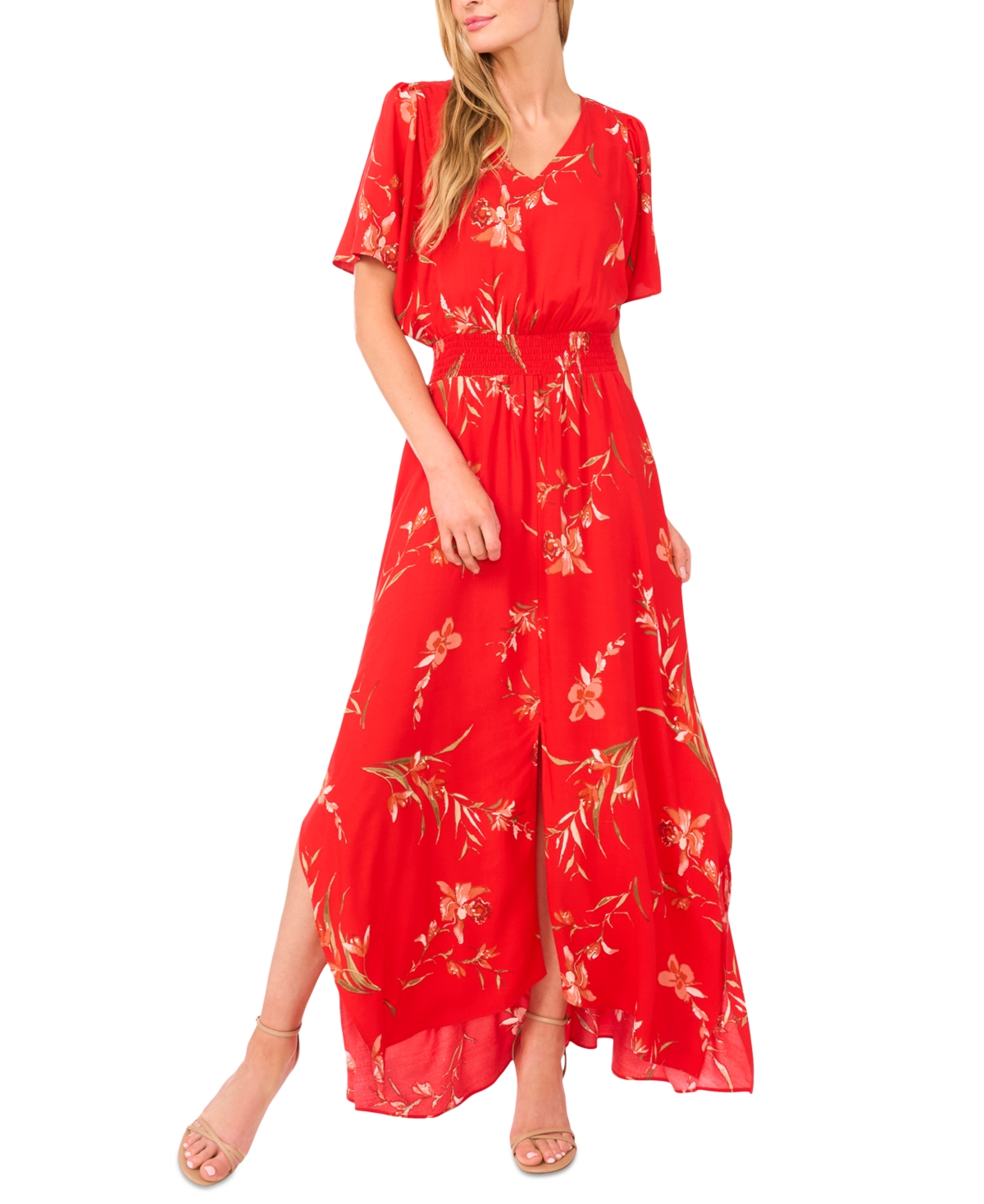 Women's V-Neck Smocked Waist Maxi Dress - Fiery Red