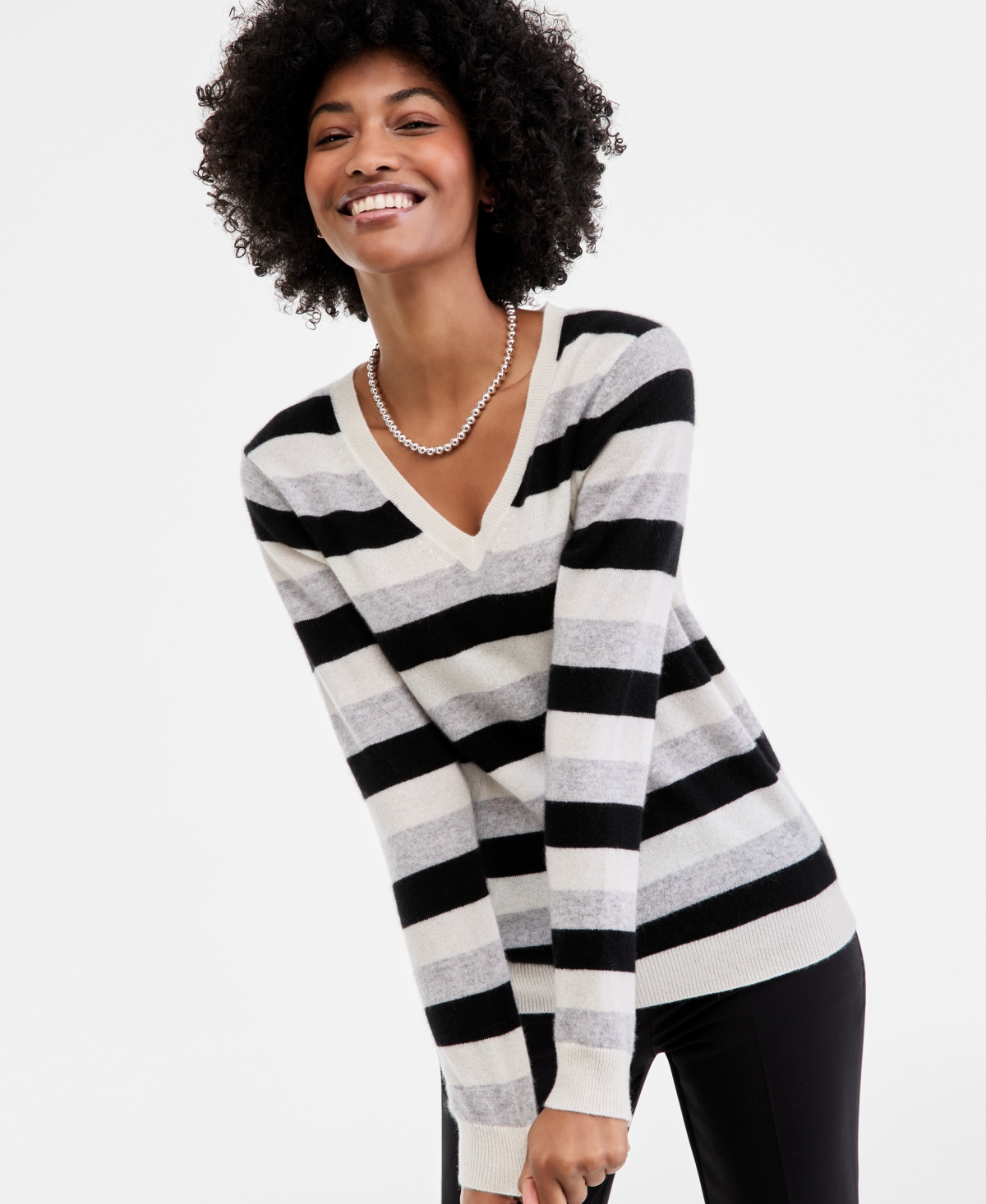 Charter Club Women's 100% Cashmere Striped V-neck Sweater, Macy's Exclusive In Multi
