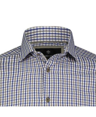 LUCHIANO VISCONTI Men's Blue Printed Check Long Sleeve Shirt