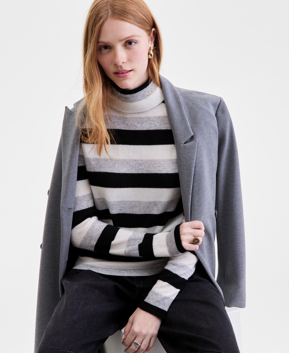 Charter Club Women's 100% Cashmere Multi-stripe Turtleneck Sweater, Macy's Exclusive In Gray