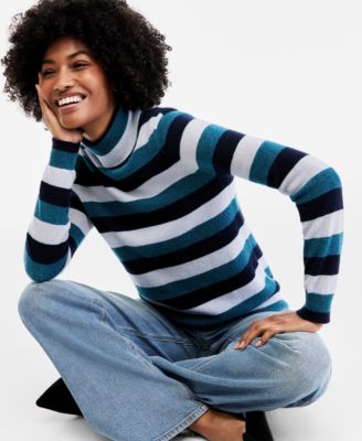 Charter Club - Women's 100% Cashmere Multi-Stripe Turtleneck Sweater