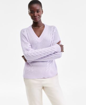 Women's 100% Cashmere Placed Cable-Knit V-Neck Sweater, PXS-3X, Macy's Exclusive