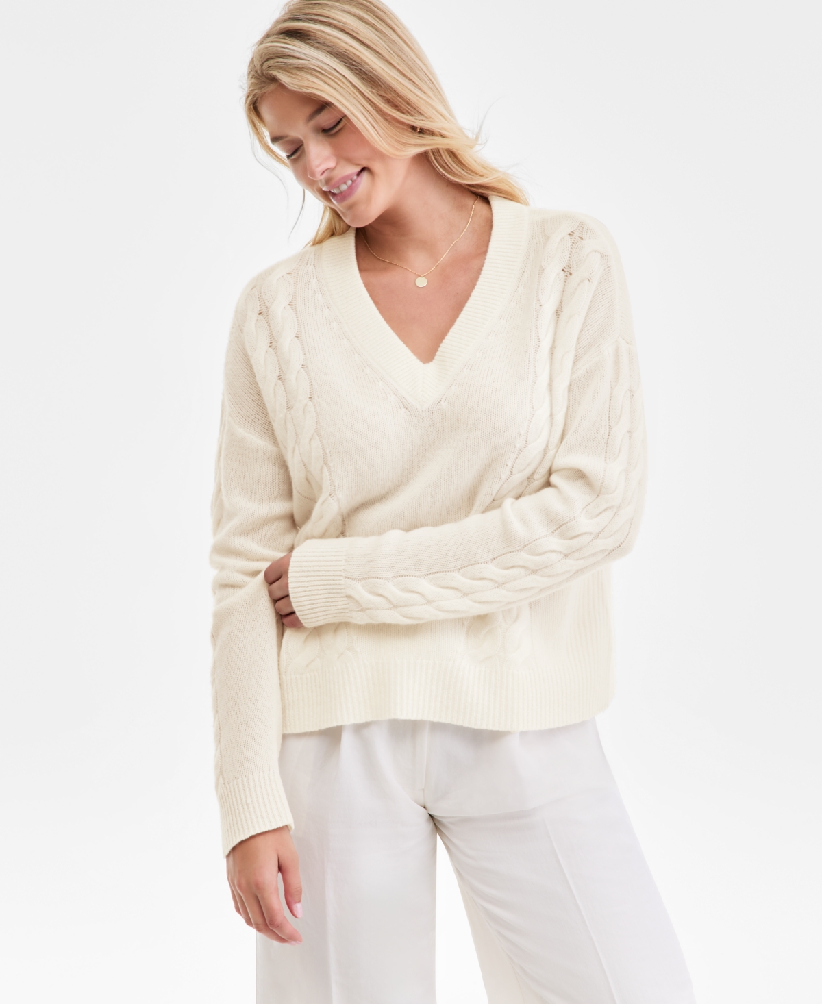 Charter Club Women's 100% Cashmere Placed Cable-knit V-neck Sweater, Macy's Exclusive In White