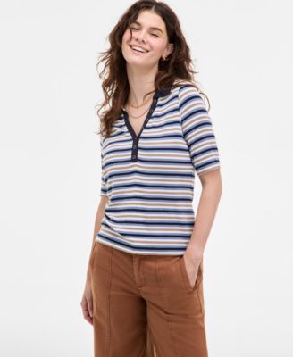 Liverpool Los Angeles - Women's Striped Ribbed-Knit Collared Henley Top