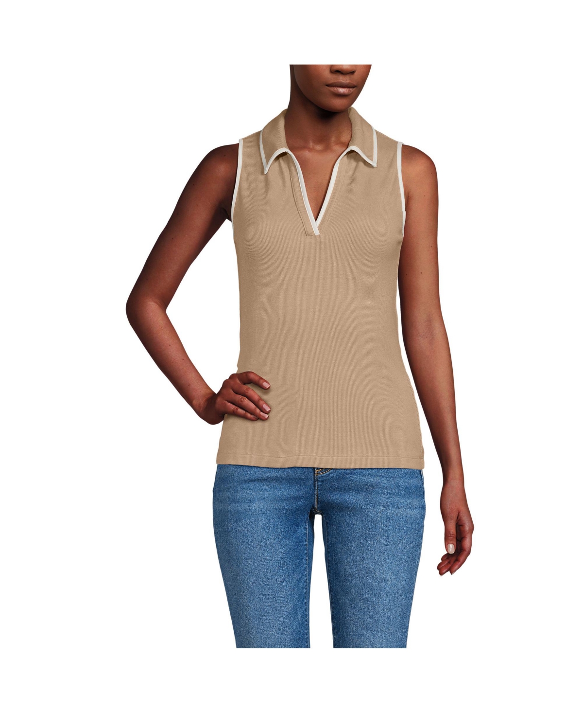 Women's Drapey Rib Sleeveless Johnny Collar Polo Shirt - Rich camel