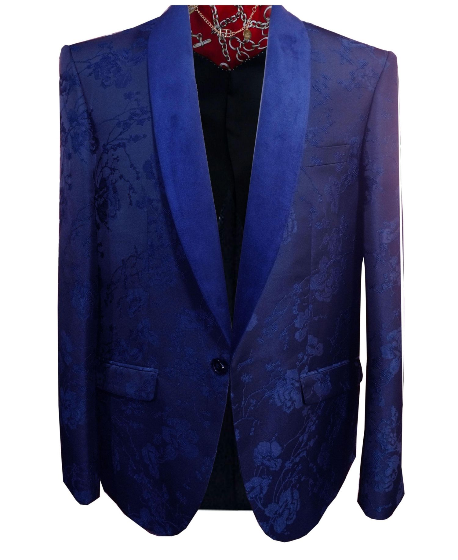 Boys Navy Slim Fit Floral Shawl Collar Blazer