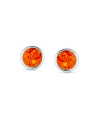 Classic Iridescence Bezel Setting Flat Round Circle Created Fire Opal Stud Earrings Plated .925 Sterling