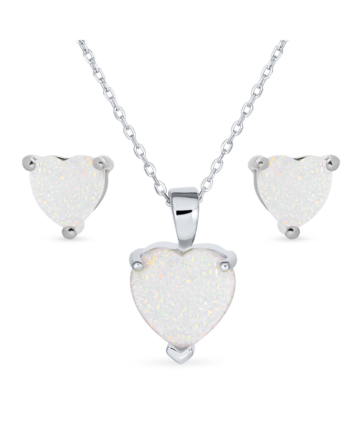 Romantic Opal Heart Pendant Necklace and Stud Earrings Sterling Silver - Silver white