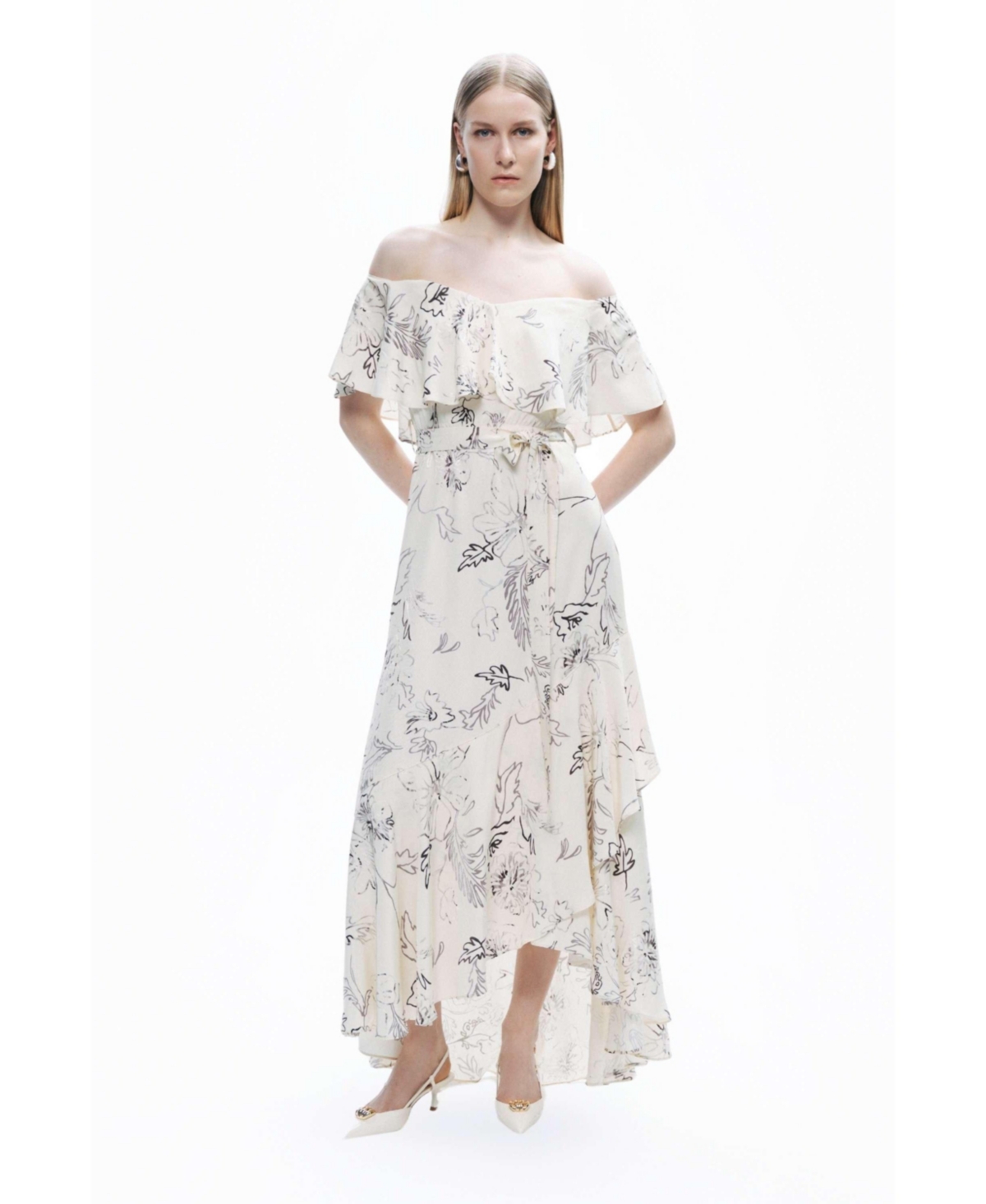 Women's Patterned Midi Dress with Sash Tie - Multi-colored