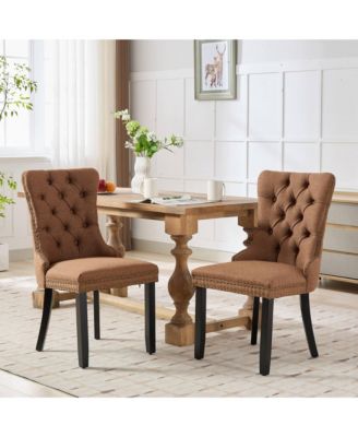 Nikki Tufted Upholstered Linen Dining Chair with Nailhead Trim, 2-Piece Set in Coffee