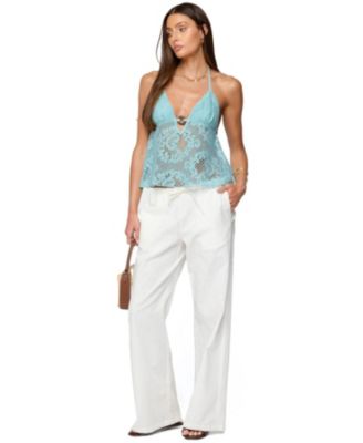 Womens Sheer Crochet Babydoll Halter Top