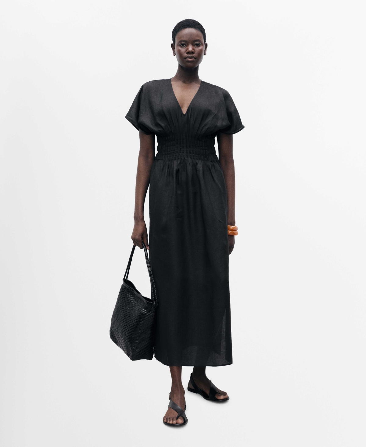 Mango Smocked Waist Linen Blend Maxi Dress In Black