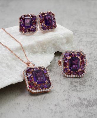 Amethyst (6-1/5 ct. t.w.), Rose de France Amethyst (1-5/8 ct. t.w.) & Diamond (1/2 ct. t.w.) Halo Stud Earrings in 14k Rose Gold