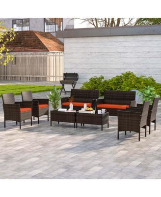 8 PCS Patio Furniture Set with Washable Cushions and Tempered Glass Coffee Table