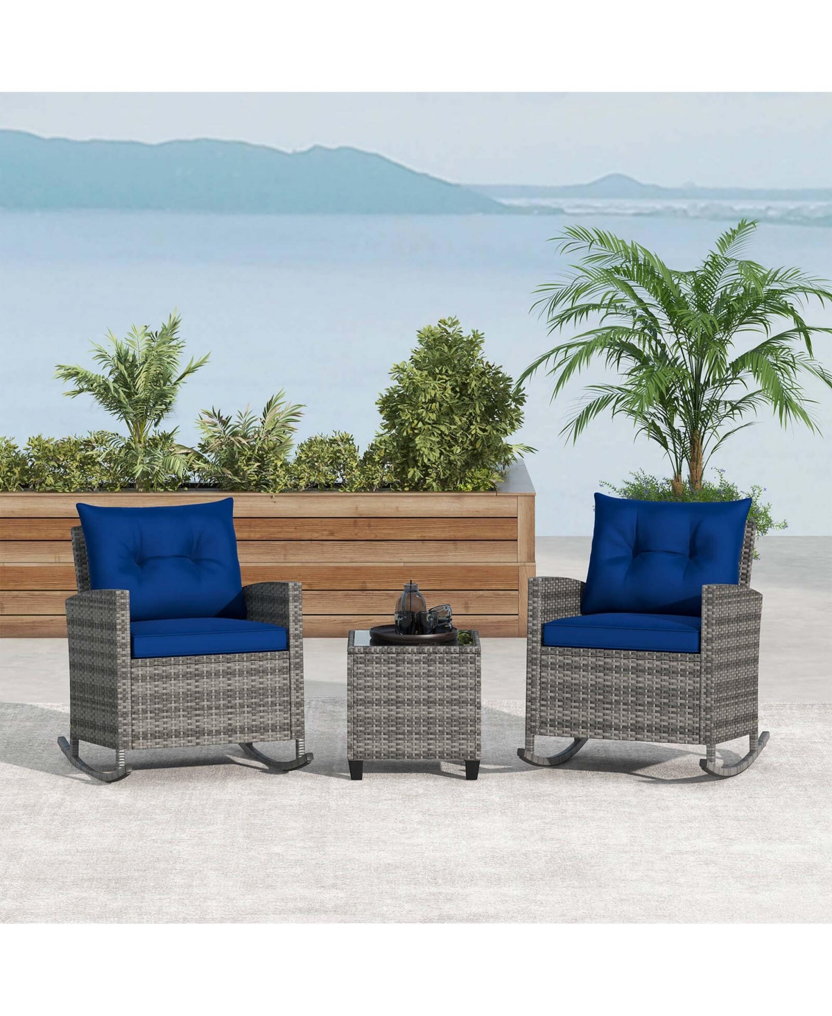 3 Pcs Patio Wicker Rocking Set with Tempered Glass Table & Soft Cushions Outdoor