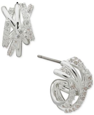 Anne Klein - Silver-Tone Small Pav&eacute; Criss Cross Huggie Hoop Earrings, 0.63"