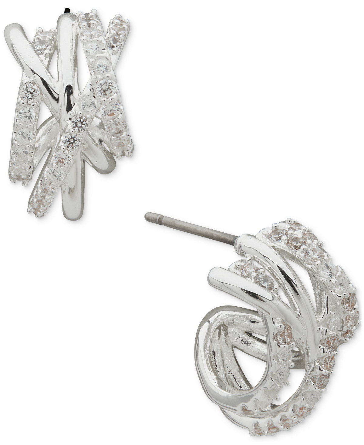 Silver-Tone Small Pave Criss Cross Huggie Hoop Earrings, 0.63" - Crystal