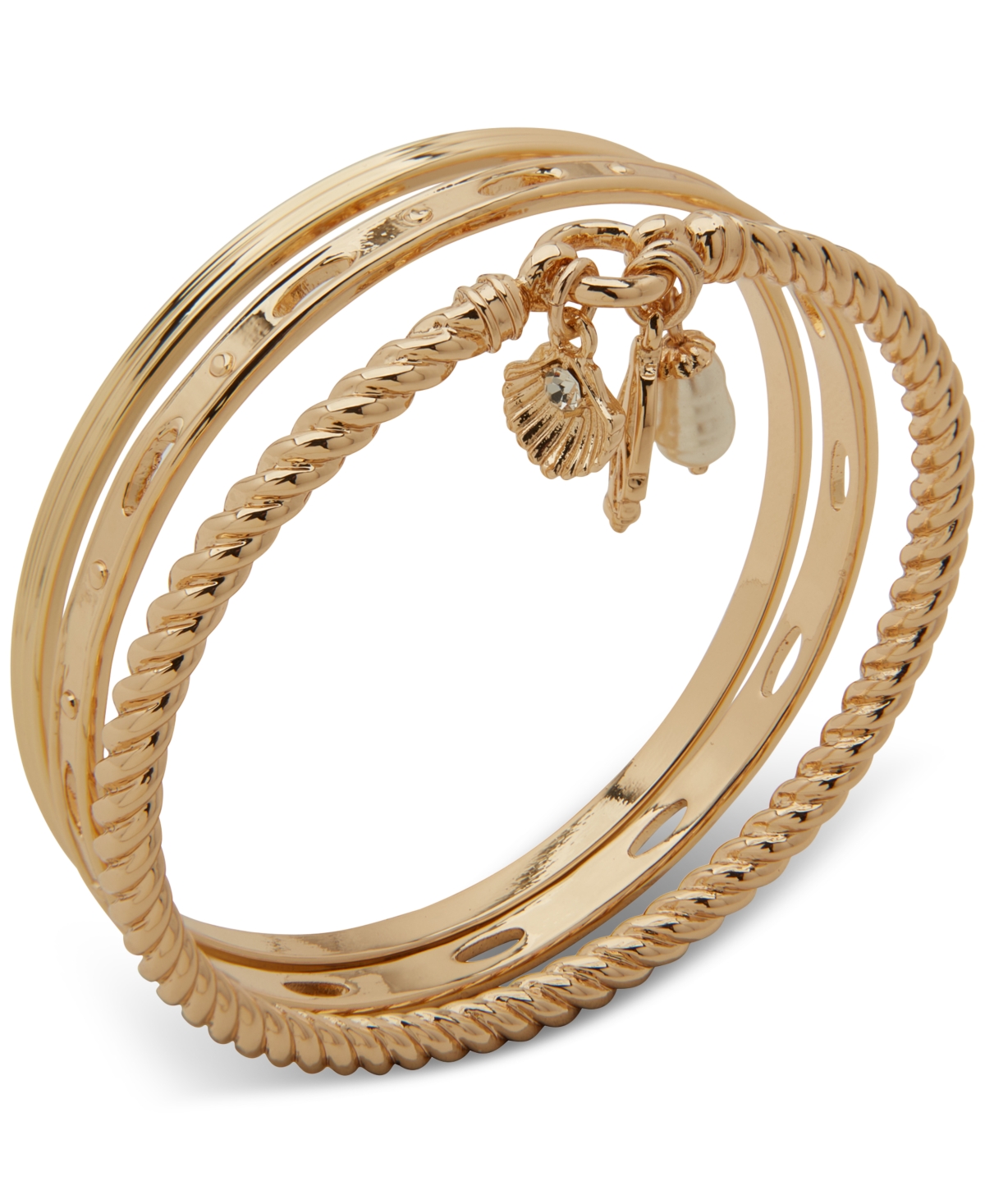Gold-Tone 3-Pc. Set Crystal & Imitation Pearl Beach-Motif Bangle Bracelets - Pearl
