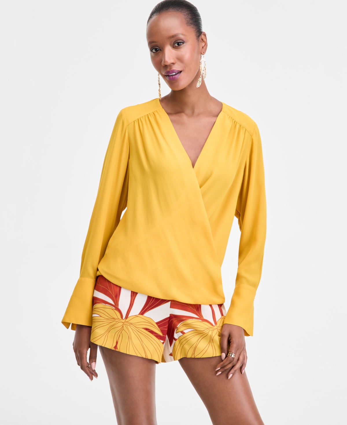 Inc International Concepts Women's Surplice Long-sleeve Blouse, Exclusively At Macy's In Yellow
