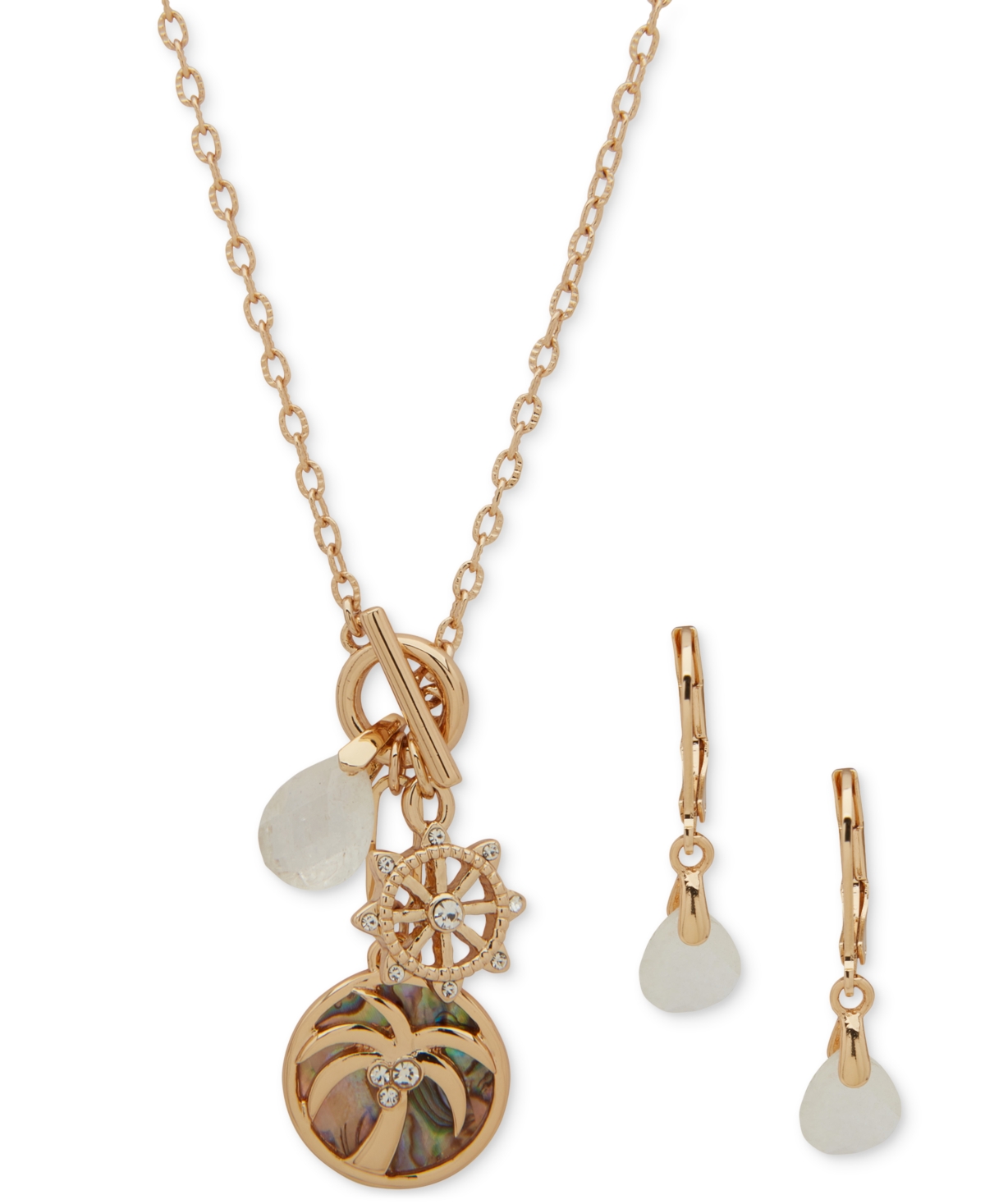 Gold-Tone Mixed Stone Multi-Charm Pendant Necklace & Drop Earrings Set - Multi